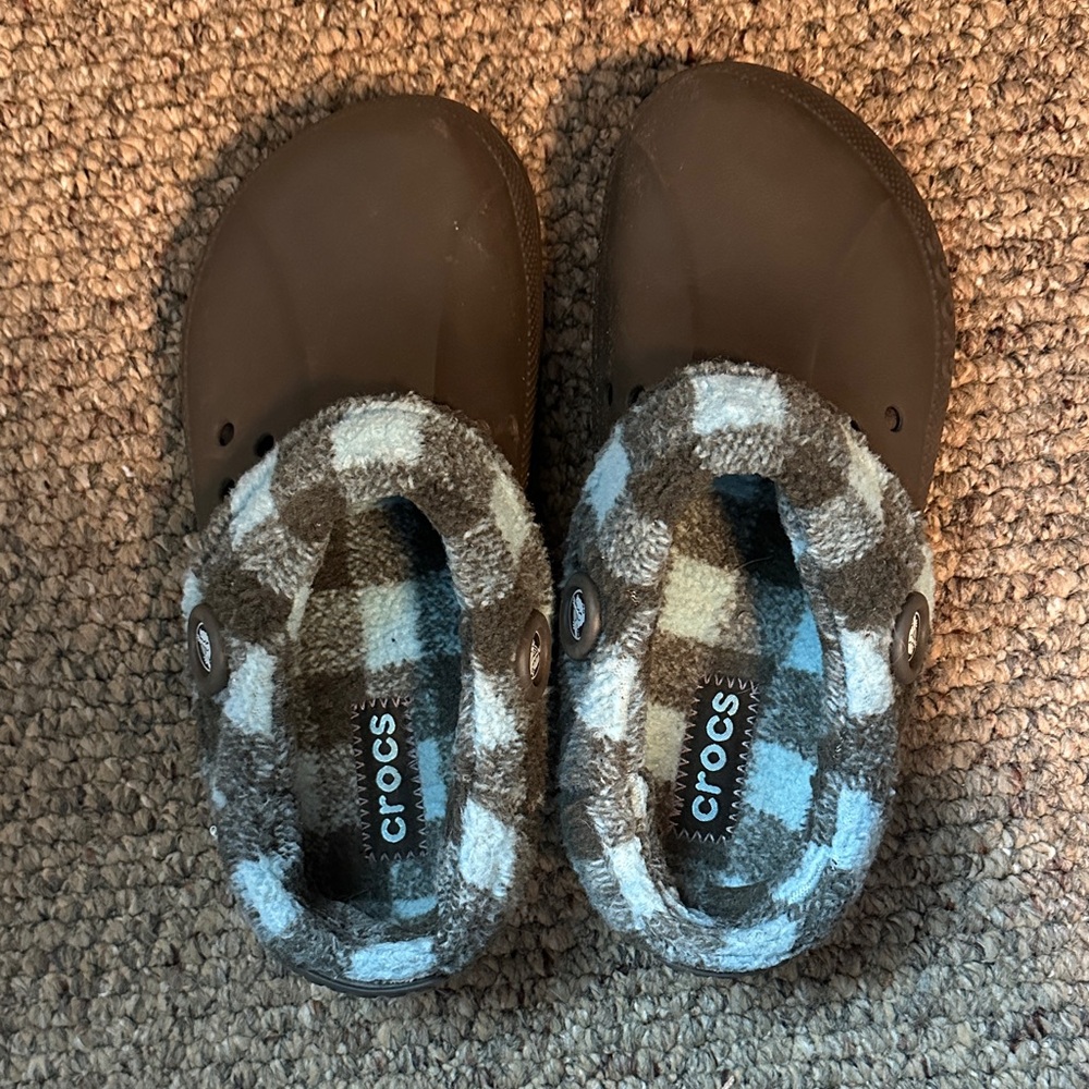 CROCS Kids' Brown and Blue Plaid Lined Slippers